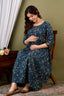 Majestic divas Cotton Teal Blue Beige Floral & Bird Printed Maternity Feeding Kurta Dress with Front Buttons & Dual Zippers