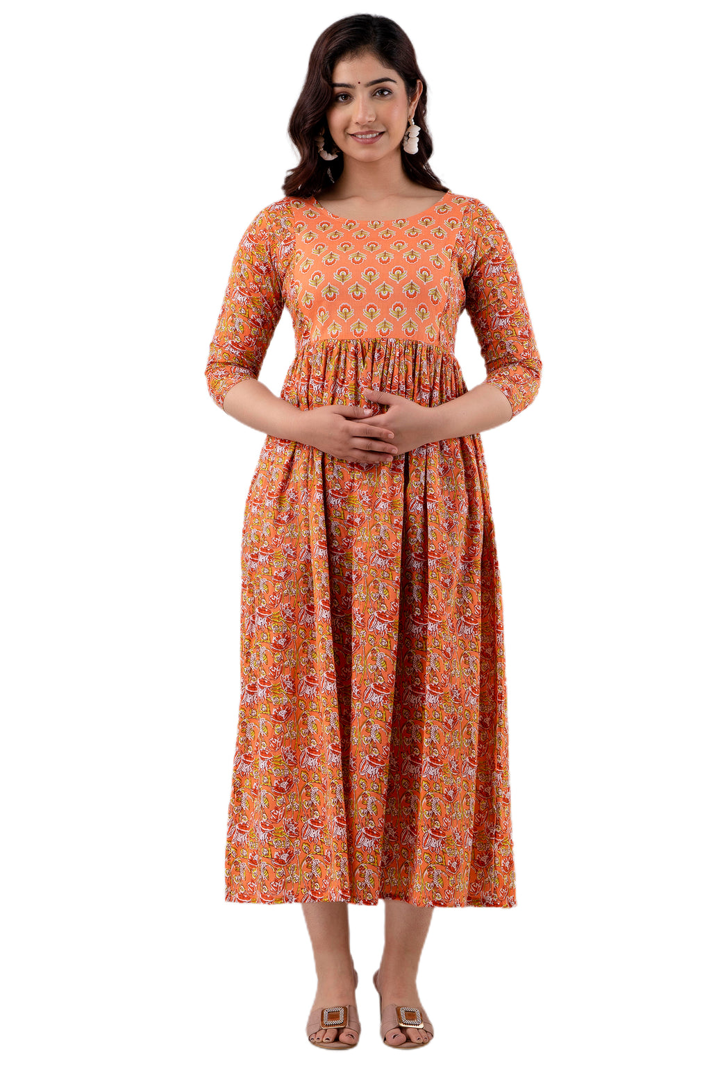 Majestic divas Cotton Burnt Orange Floral Maternity Feeding Kurta Dress with Dual Zippers