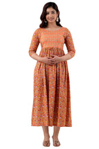 Majestic divas Cotton Burnt Orange Floral Maternity Feeding Kurta Dress with Dual Zippers