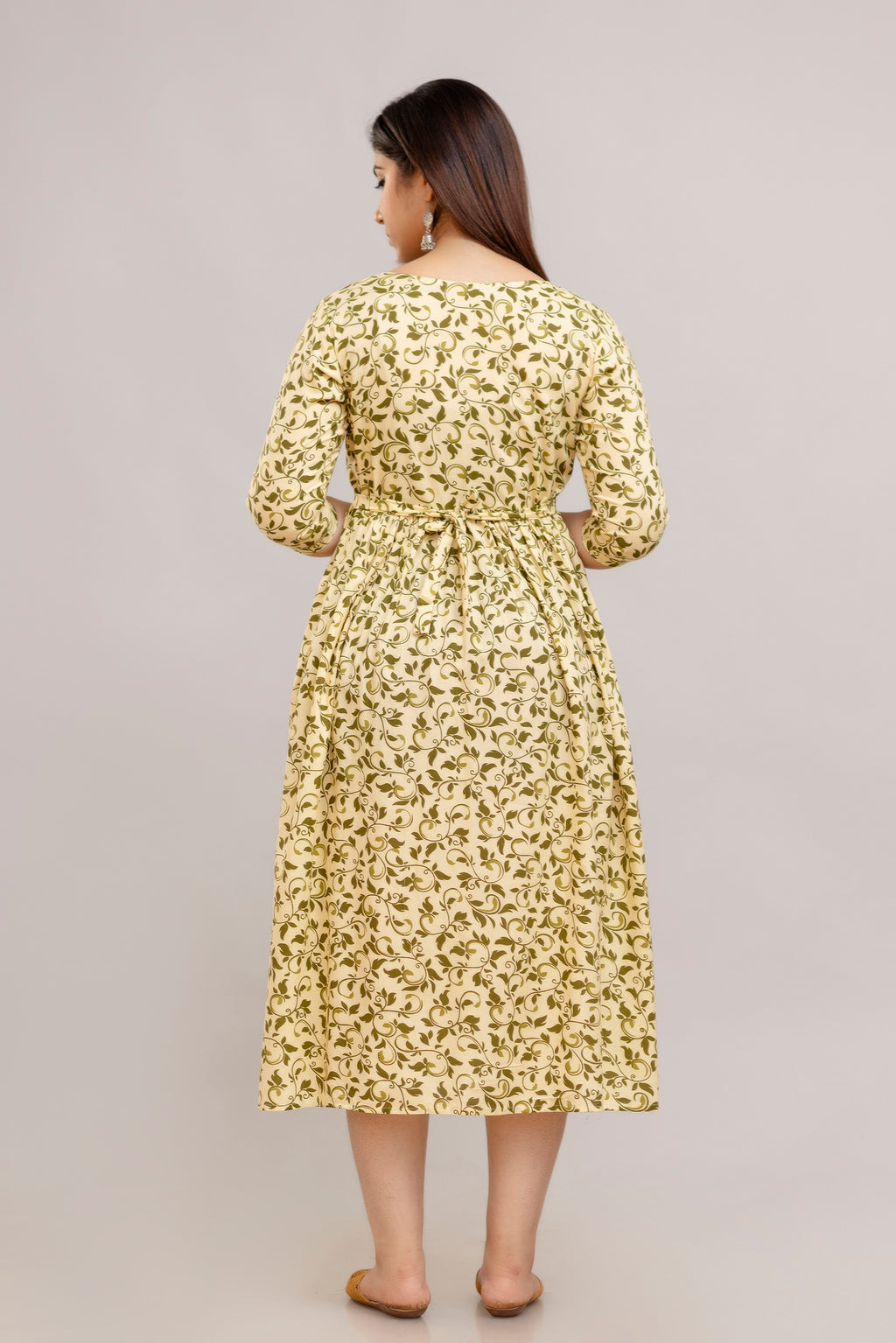 Majestic divas Rayon Olive Green & Cream Printed Maternity Feeding Kurta Dress with Dual Zippers