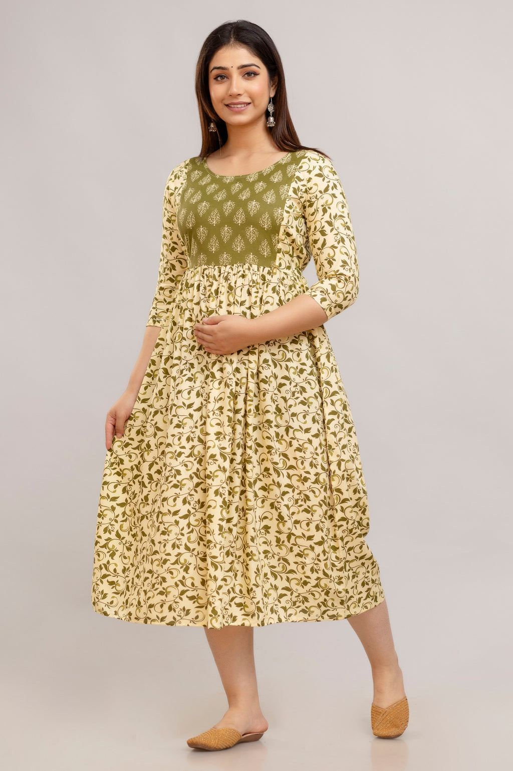 Majestic divas Rayon Olive Green & Cream Printed Maternity Feeding Kurta Dress with Dual Zippers