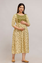 Majestic divas Rayon Olive Green & Cream Printed Maternity Feeding Kurta Dress with Dual Zippers
