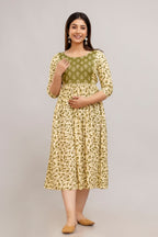 Majestic divas Rayon Olive Green & Cream Printed Maternity Feeding Kurta Dress with Dual Zippers