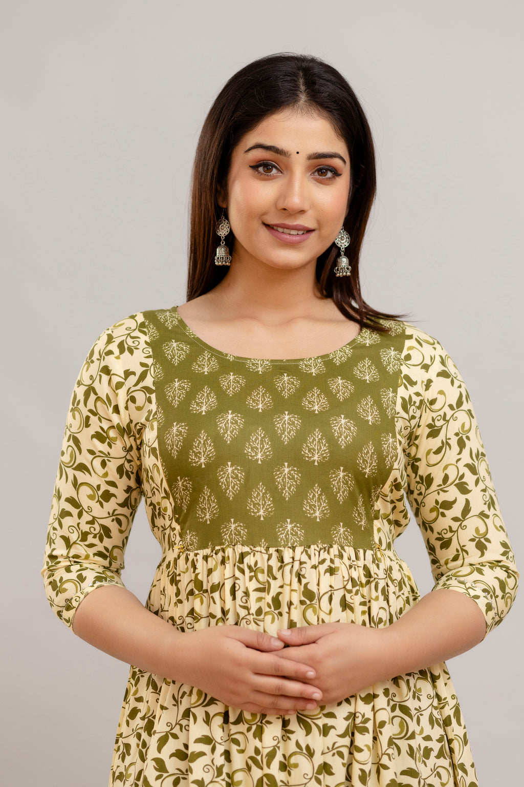 Majestic divas Rayon Olive Green & Cream Printed Maternity Feeding Kurta Dress with Dual Zippers