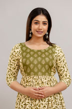 Majestic divas Rayon Olive Green & Cream Printed Maternity Feeding Kurta Dress with Dual Zippers