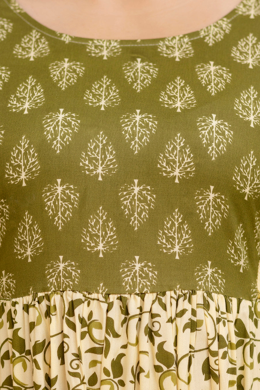 Majestic divas Rayon Olive Green & Cream Printed Maternity Feeding Kurta Dress with Dual Zippers