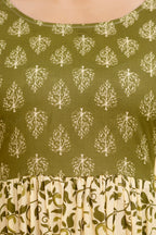Majestic divas Rayon Olive Green & Cream Printed Maternity Feeding Kurta Dress with Dual Zippers