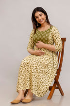 Majestic divas Rayon Olive Green & Cream Printed Maternity Feeding Kurta Dress with Dual Zippers