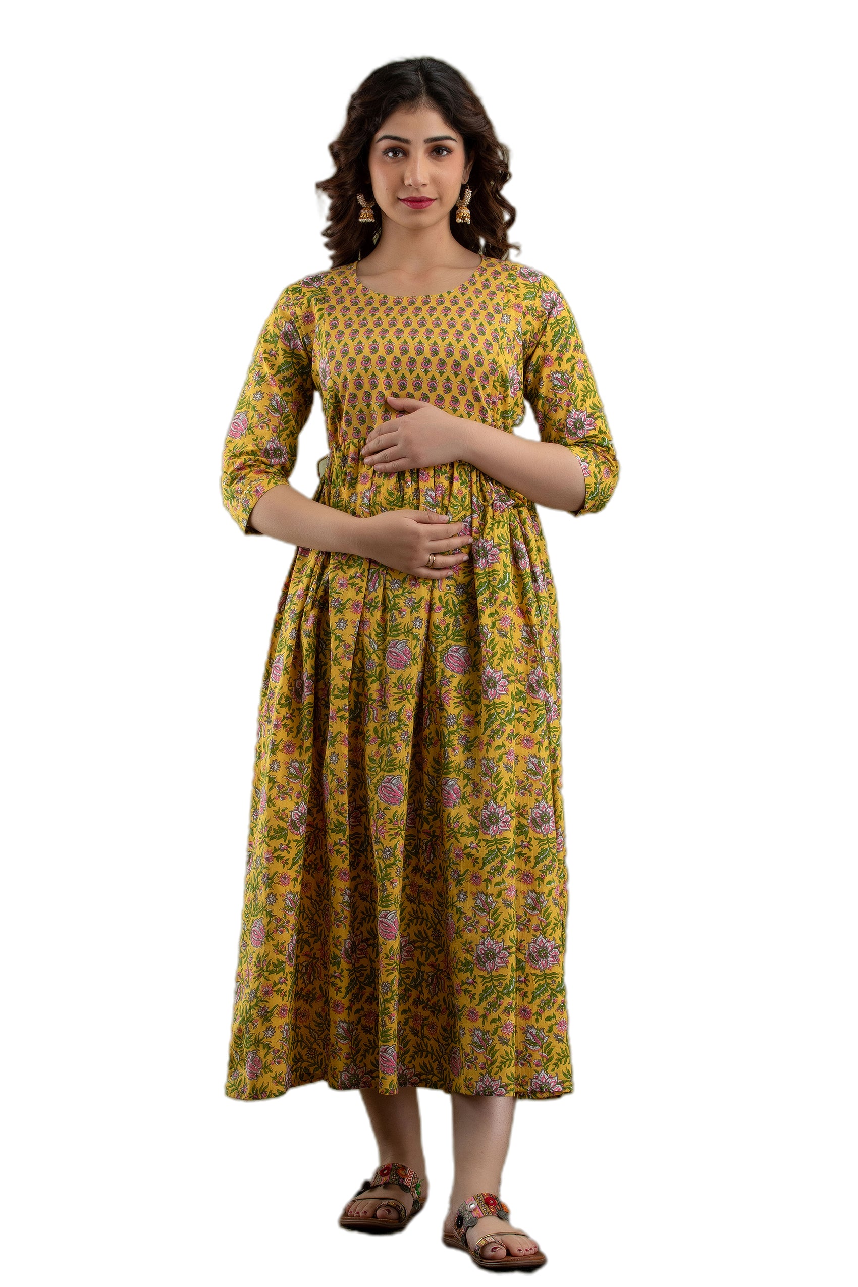 Majestic divas Cotton Mustard Yellow Floral Maternity Feeding Kurta Dress with Dual Zippers Main image