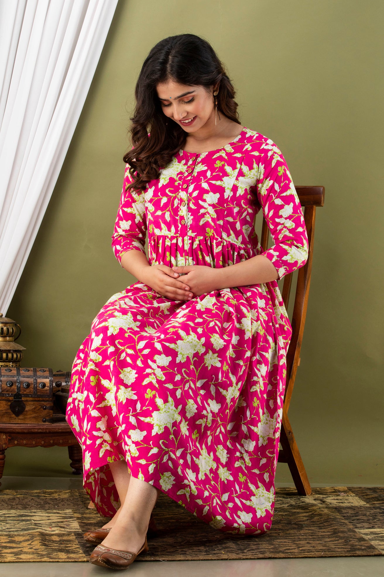 Majestic divas Cotton Rani Pink Bold Floral Allover Printed Maternity Feeding Kurta Dress with Dual Zippers Secondary image