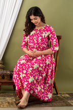 Majestic divas Cotton Rani Pink Bold Floral Allover Printed Maternity Feeding Kurta Dress with Dual Zippers