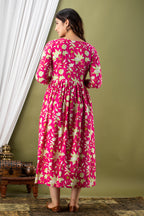 Majestic divas Cotton Rani Pink Bold Floral Allover Printed Maternity Feeding Kurta Dress with Dual Zippers