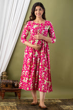 Majestic divas Cotton Rani Pink Bold Floral Allover Printed Maternity Feeding Kurta Dress with Dual Zippers