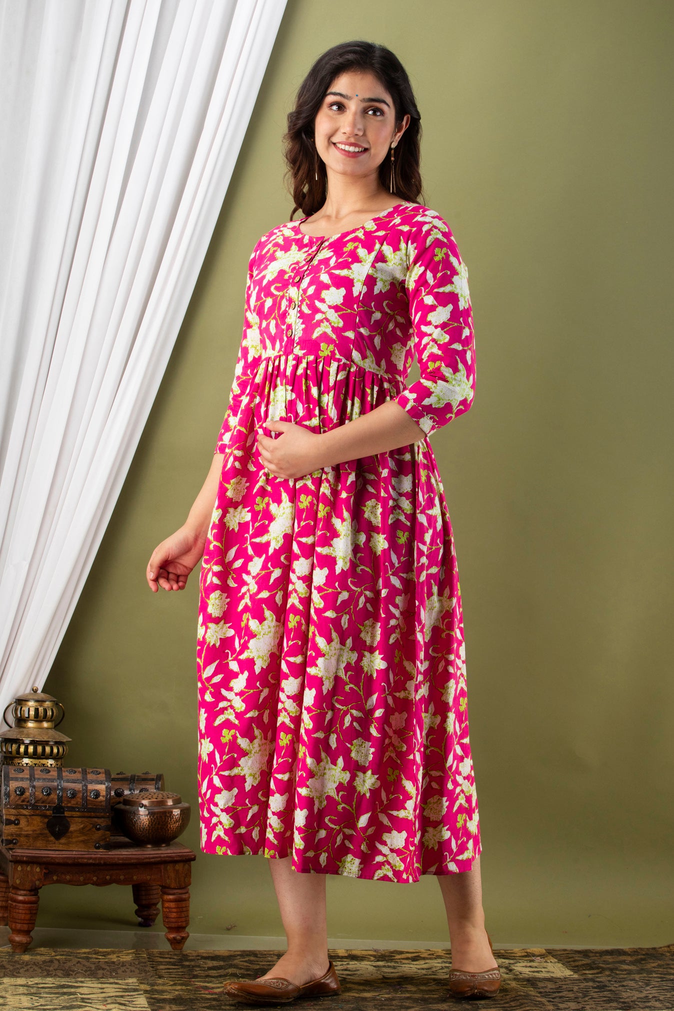 Majestic divas Cotton Rani Pink Bold Floral Allover Printed Maternity Feeding Kurta Dress with Dual Zippers Main image