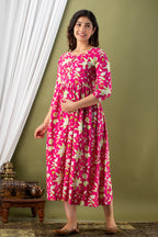 Majestic divas Cotton Rani Pink Bold Floral Allover Printed Maternity Feeding Kurta Dress with Dual Zippers