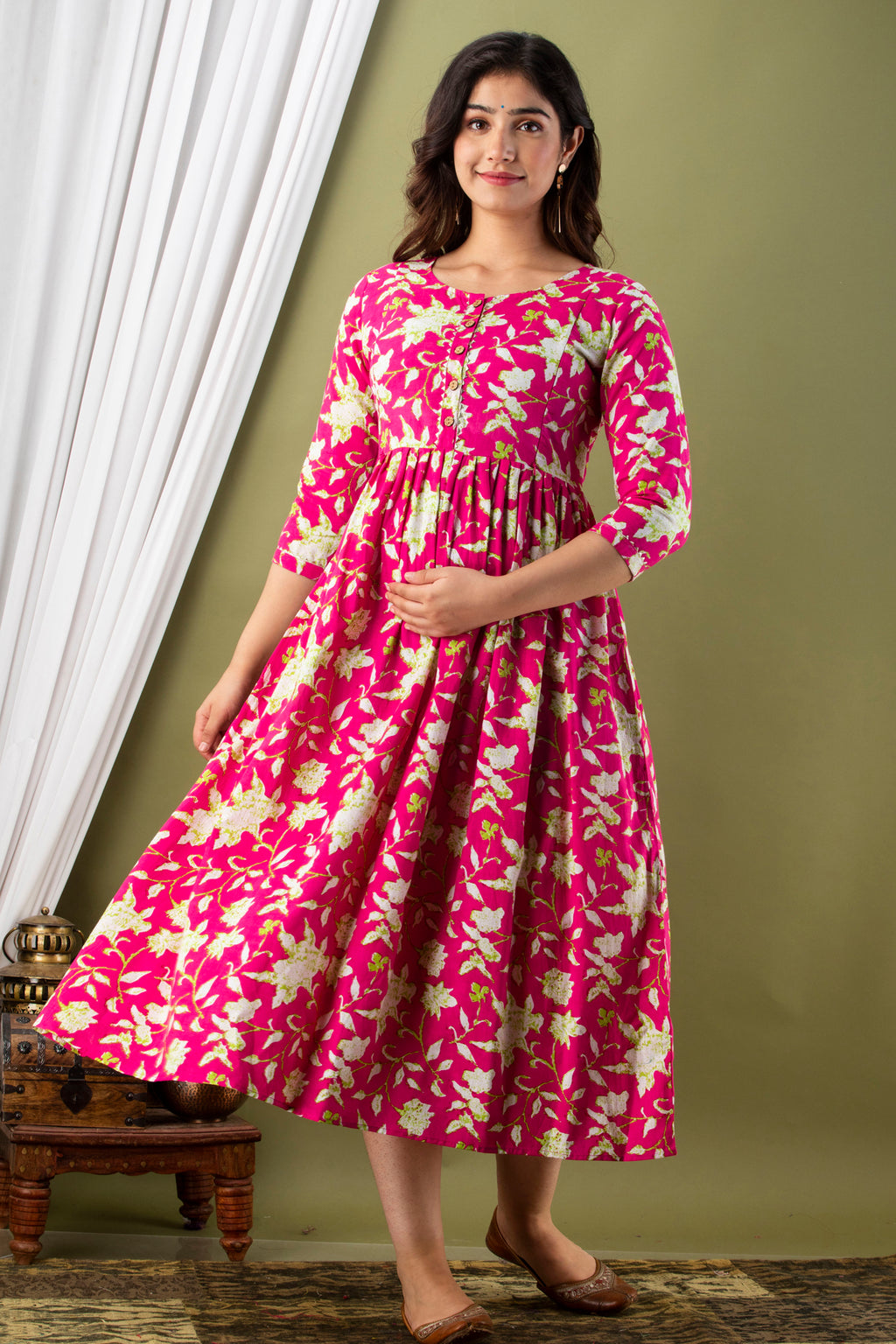 Majestic divas Cotton Rani Pink Bold Floral Allover Printed Maternity Feeding Kurta Dress with Dual Zippers