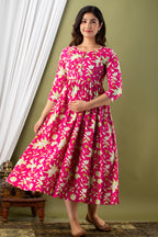 Majestic divas Cotton Rani Pink Bold Floral Allover Printed Maternity Feeding Kurta Dress with Dual Zippers