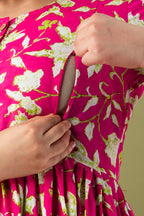 Majestic divas Cotton Rani Pink Bold Floral Allover Printed Maternity Feeding Kurta Dress with Dual Zippers