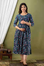 Majestic divas Cotton Teal Blue Ditsy Floral Allover Printed Maternity Feeding Kurta Dress with Dual Zippers