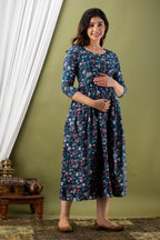 Majestic divas Cotton Teal Blue Ditsy Floral Allover Printed Maternity Feeding Kurta Dress with Dual Zippers
