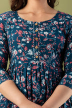 Majestic divas Cotton Teal Blue Ditsy Floral Allover Printed Maternity Feeding Kurta Dress with Dual Zippers
