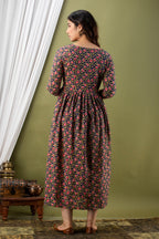 Majestic divas Cotton Navy Blue Traditional Floral Buta Allover Printed Maternity Feeding Kurta Dress with Dual Zippers
