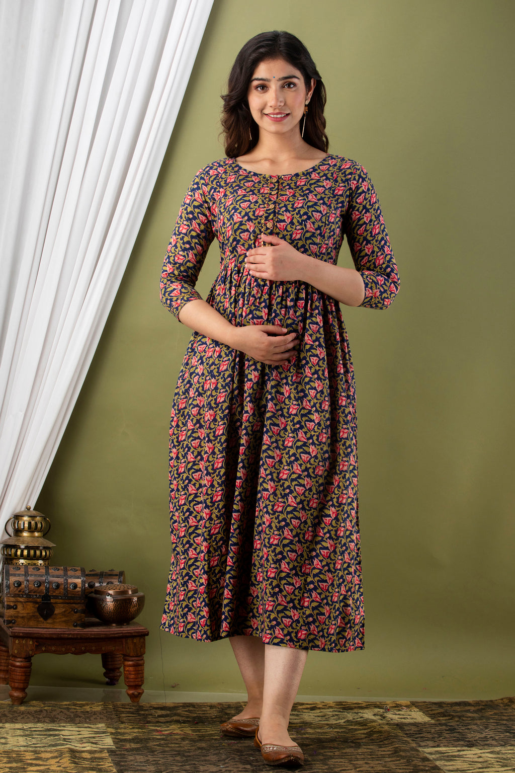 Majestic divas Cotton Navy Blue Traditional Floral Buta Allover Printed Maternity Feeding Kurta Dress with Dual Zippers