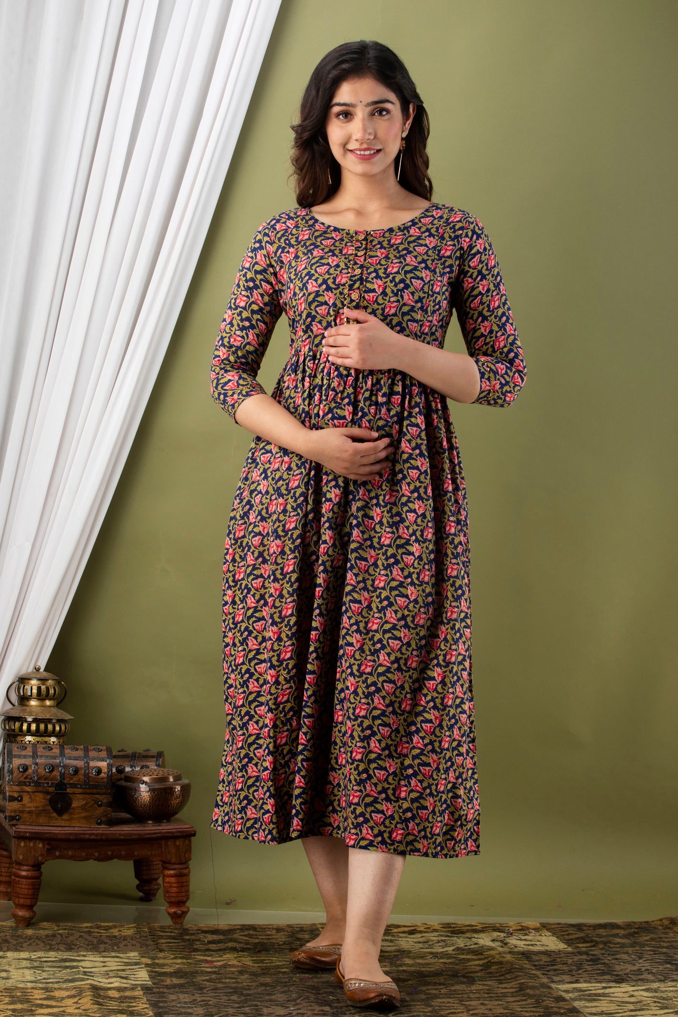 Majestic divas Cotton Navy Blue Traditional Floral Buta Allover Printed Maternity Feeding Kurta Dress with Dual Zippers