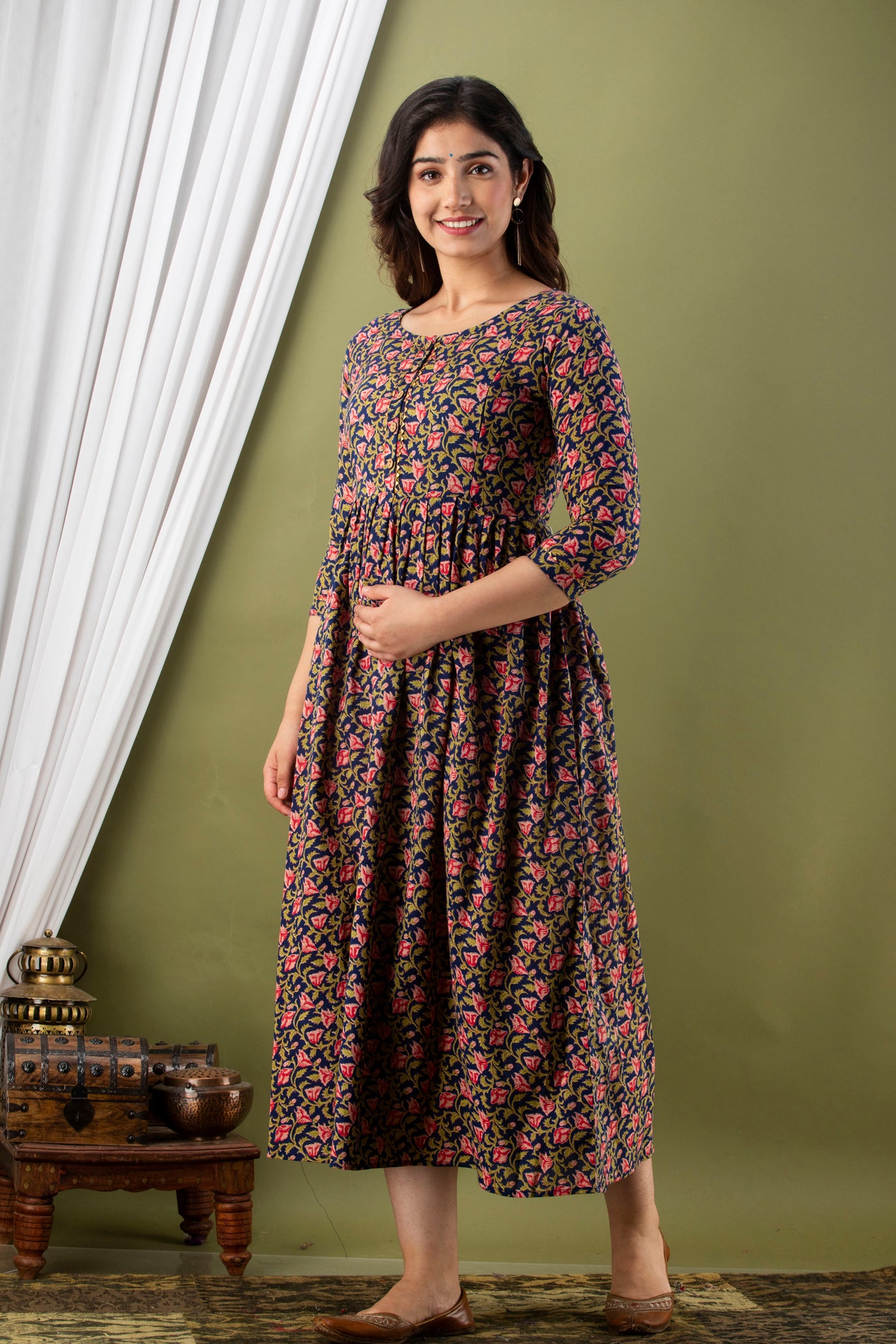 Majestic divas Cotton Navy Blue Traditional Floral Buta Allover Printed Maternity Feeding Kurta Dress with Dual Zippers