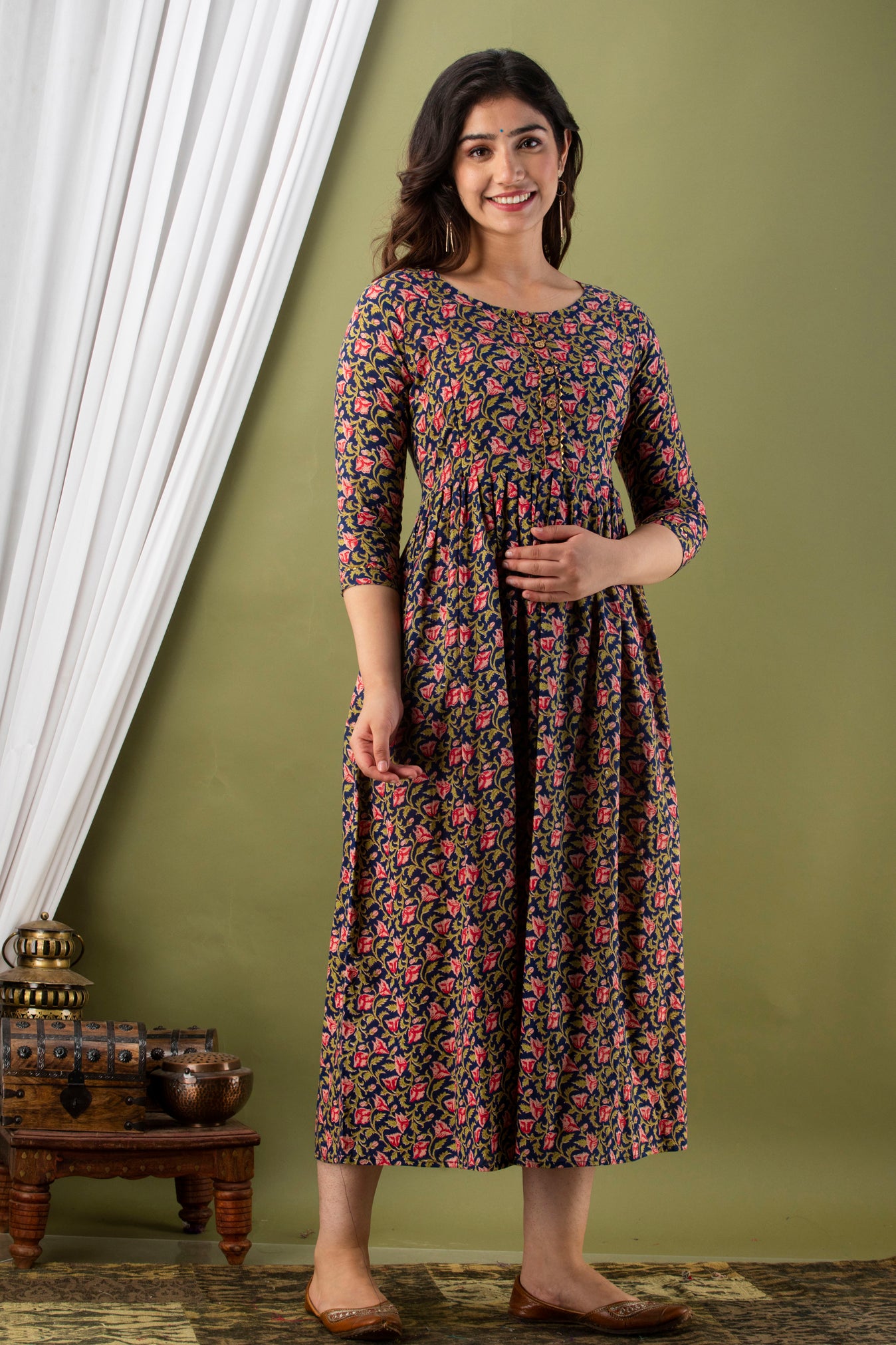 Majestic divas Cotton Navy Blue Traditional Floral Buta Allover Printed Maternity Feeding Kurta Dress with Dual Zippers Main image
