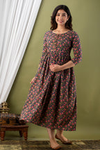 Majestic divas Cotton Navy Blue Traditional Floral Buta Allover Printed Maternity Feeding Kurta Dress with Dual Zippers