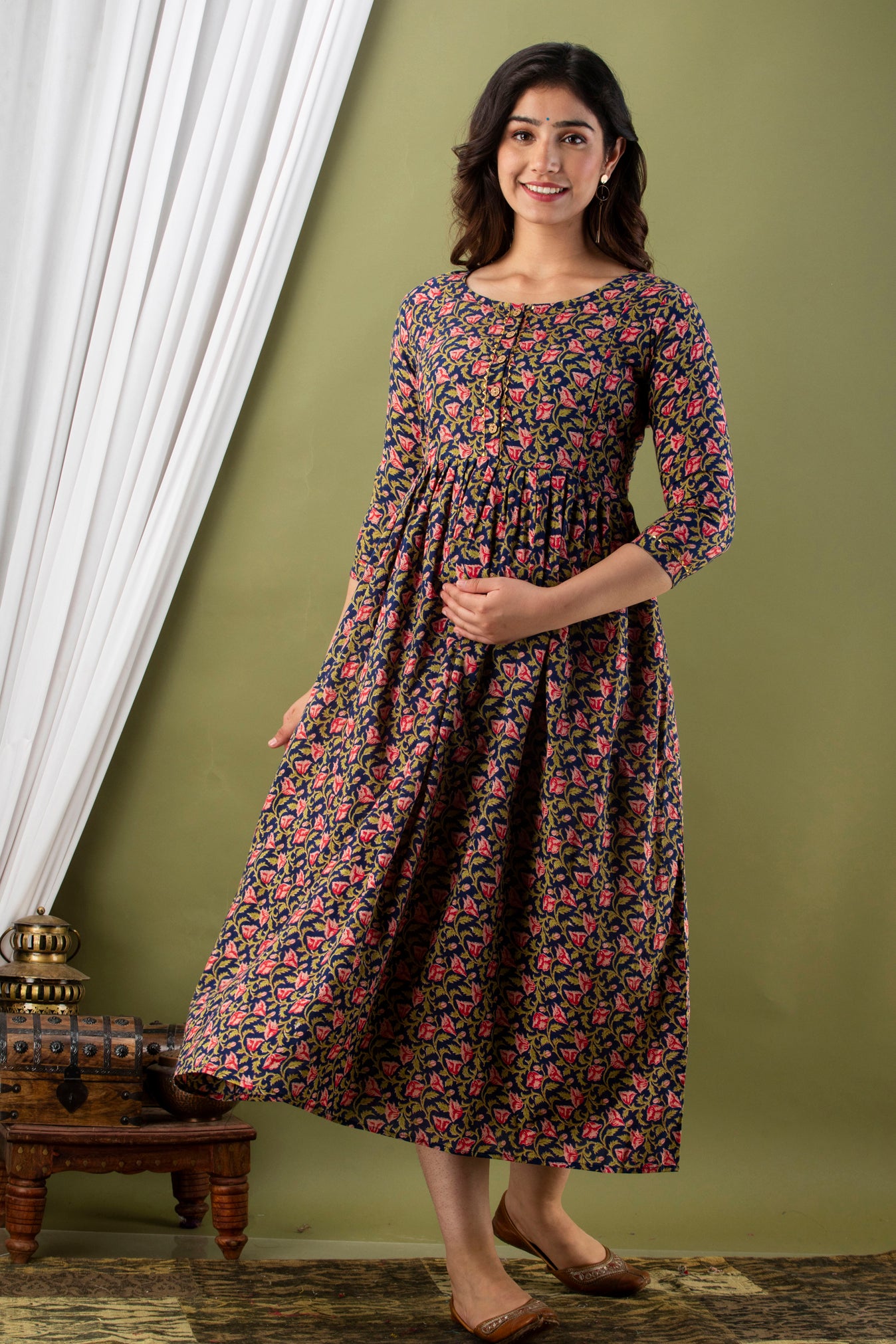 Majestic divas Cotton Navy Blue Traditional Floral Buta Allover Printed Maternity Feeding Kurta Dress with Dual Zippers