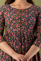 Majestic divas Cotton Navy Blue Traditional Floral Buta Allover Printed Maternity Feeding Kurta Dress with Dual Zippers
