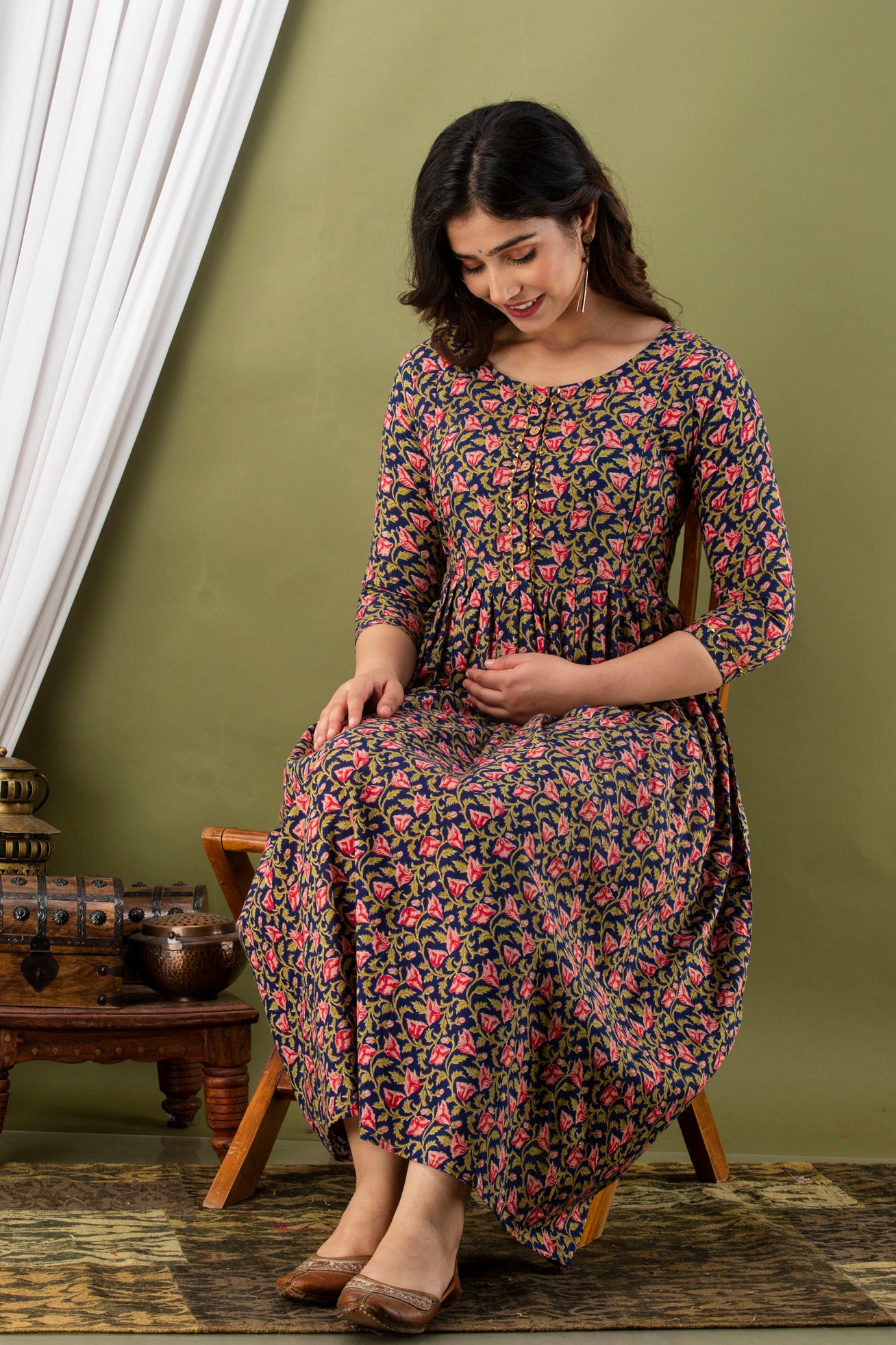 Majestic divas Cotton Navy Blue Traditional Floral Buta Allover Printed Maternity Feeding Kurta Dress with Dual Zippers