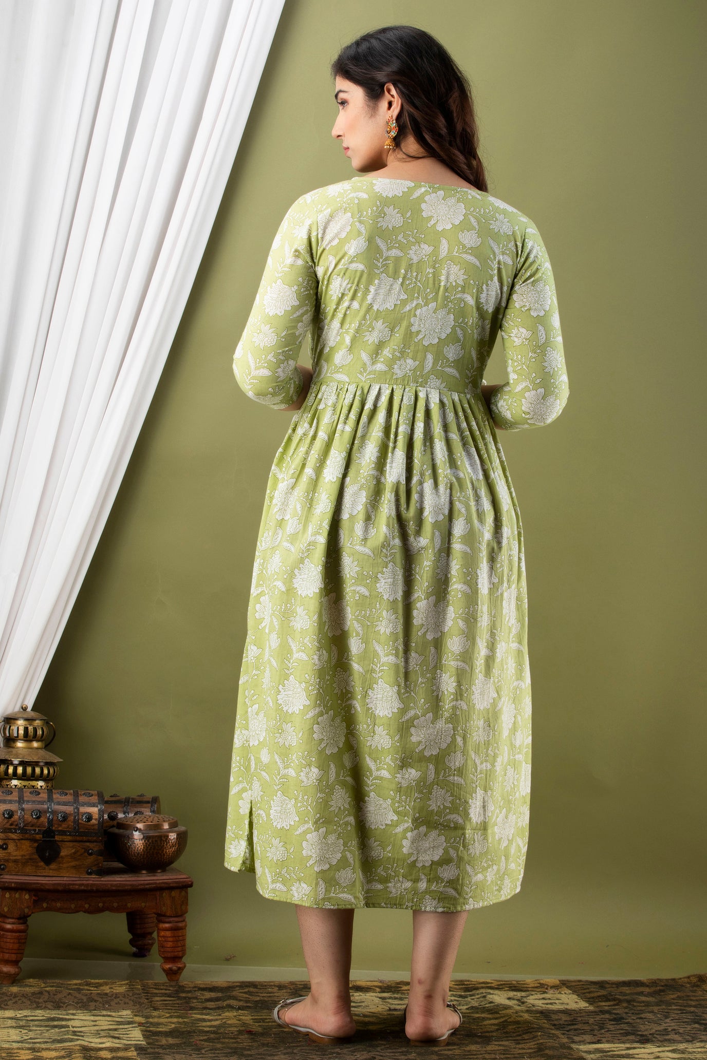 Majestic divas Cotton Olive Green White Floral Allover Printed Maternity Feeding Kurta Dress with Dual Zippers Secondary image