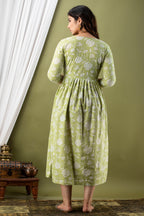 Majestic divas Cotton Olive Green White Floral Allover Printed Maternity Feeding Kurta Dress with Dual Zippers