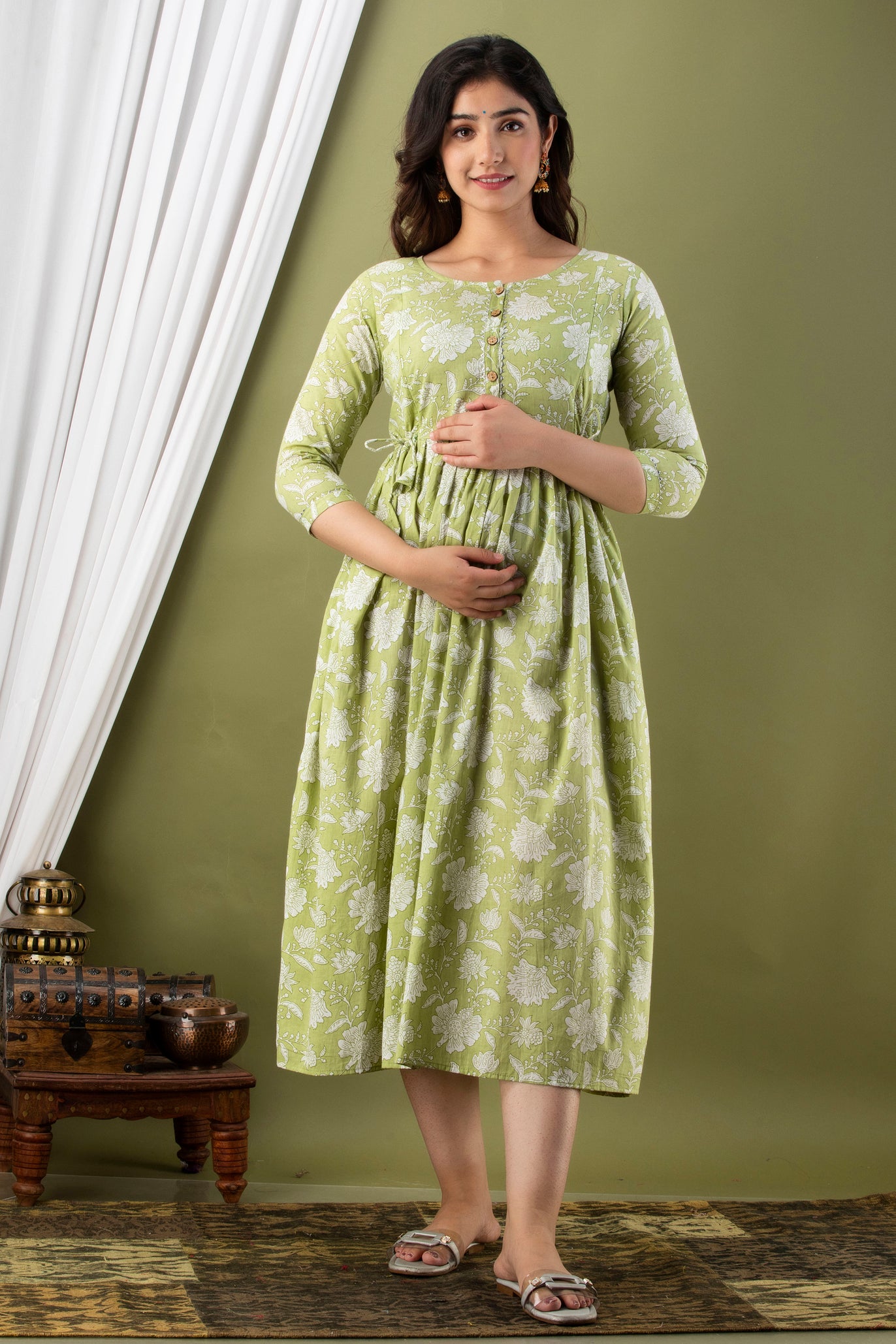 Majestic divas Cotton Olive Green White Floral Allover Printed Maternity Feeding Kurta Dress with Dual Zippers Main image