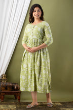 Majestic divas Cotton Olive Green White Floral Allover Printed Maternity Feeding Kurta Dress with Dual Zippers