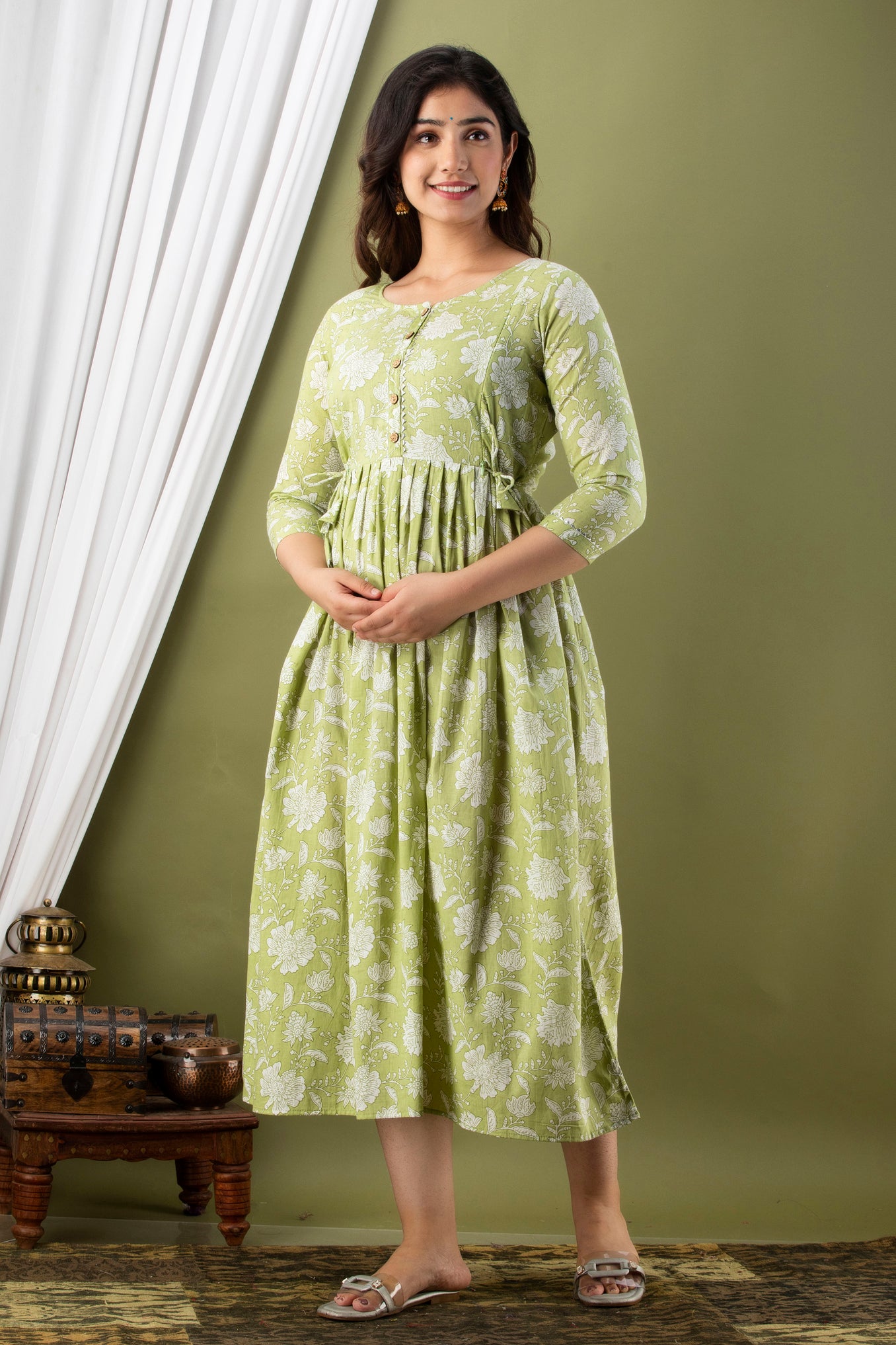 Majestic divas Cotton Olive Green White Floral Allover Printed Maternity Feeding Kurta Dress with Dual Zippers