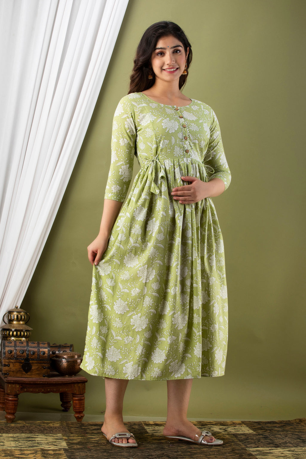 Majestic divas Cotton Olive Green White Floral Allover Printed Maternity Feeding Kurta Dress with Dual Zippers