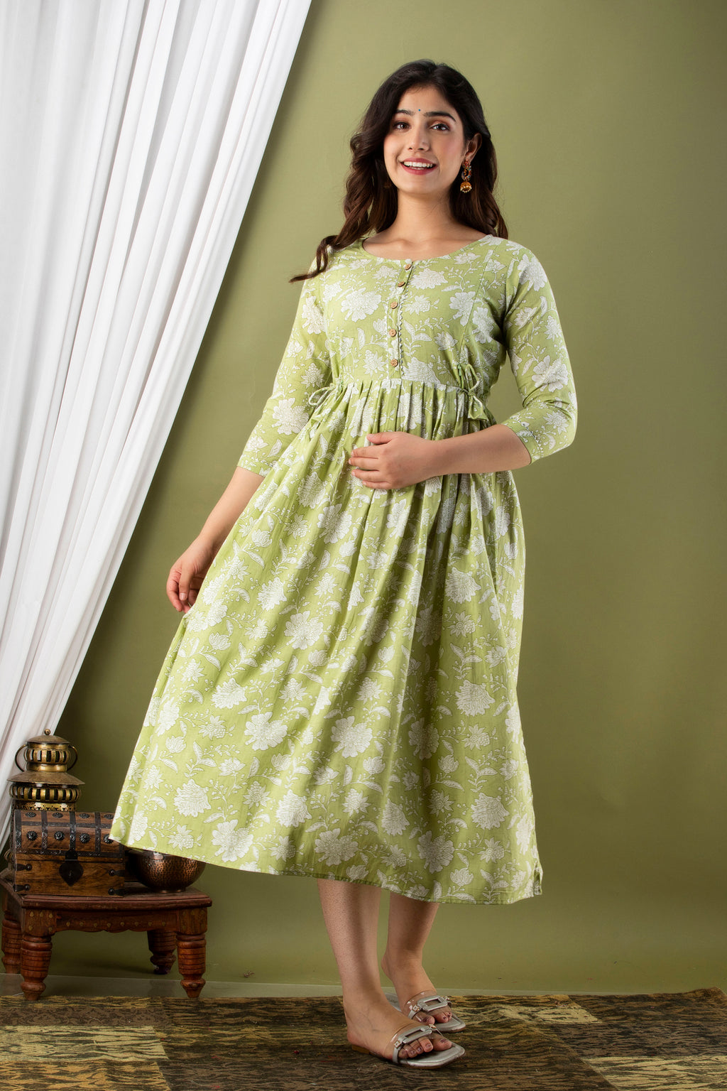 Majestic divas Cotton Olive Green White Floral Allover Printed Maternity Feeding Kurta Dress with Dual Zippers