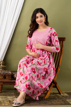 Majestic divas Cotton Pink Floral Jaal Printed Maternity Feeding Kurta Dress with Dual Zippers
