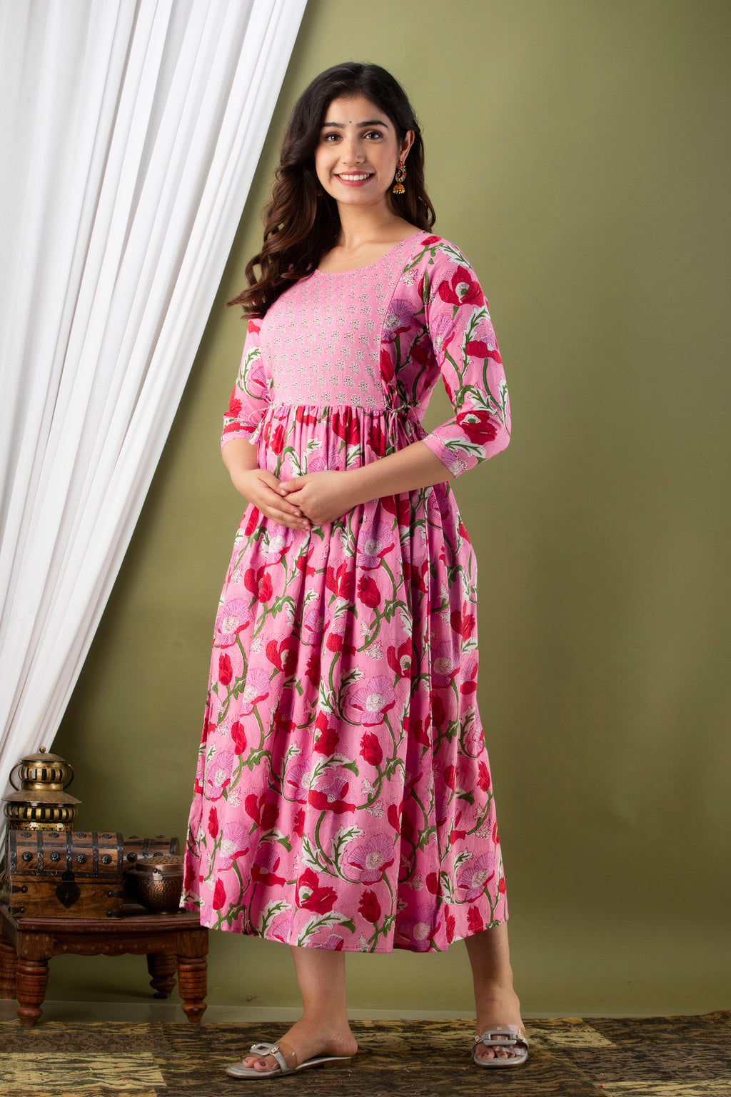 Majestic divas Cotton Pink Floral Jaal Printed Maternity Feeding Kurta Dress with Dual Zippers