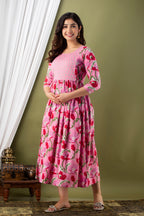 Majestic divas Cotton Pink Floral Jaal Printed Maternity Feeding Kurta Dress with Dual Zippers