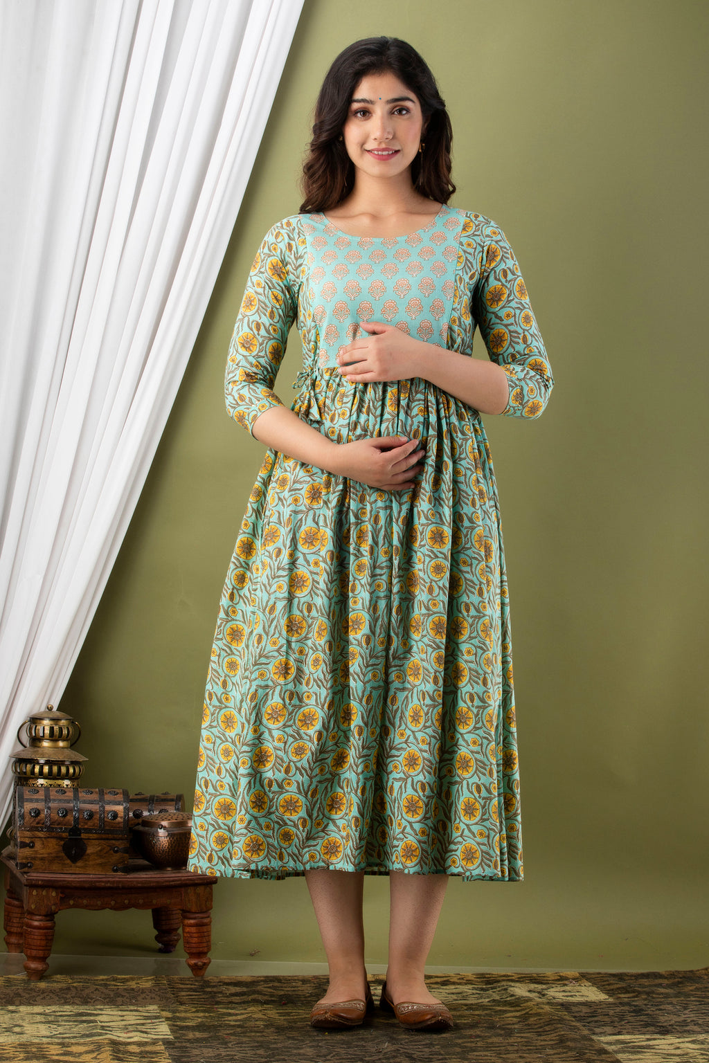 Majestic divas Cotton Aqua Blue Yellow Floral Jaal & Buta Printed Maternity Feeding Kurta Dress with Dual Zippers