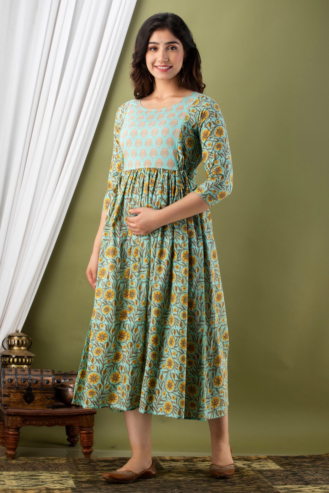 Majestic divas Cotton Aqua Blue Yellow Floral Jaal & Buta Printed Maternity Feeding Kurta Dress with Dual Zippers