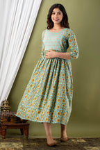 Majestic divas Cotton Aqua Blue Yellow Floral Jaal & Buta Printed Maternity Feeding Kurta Dress with Dual Zippers