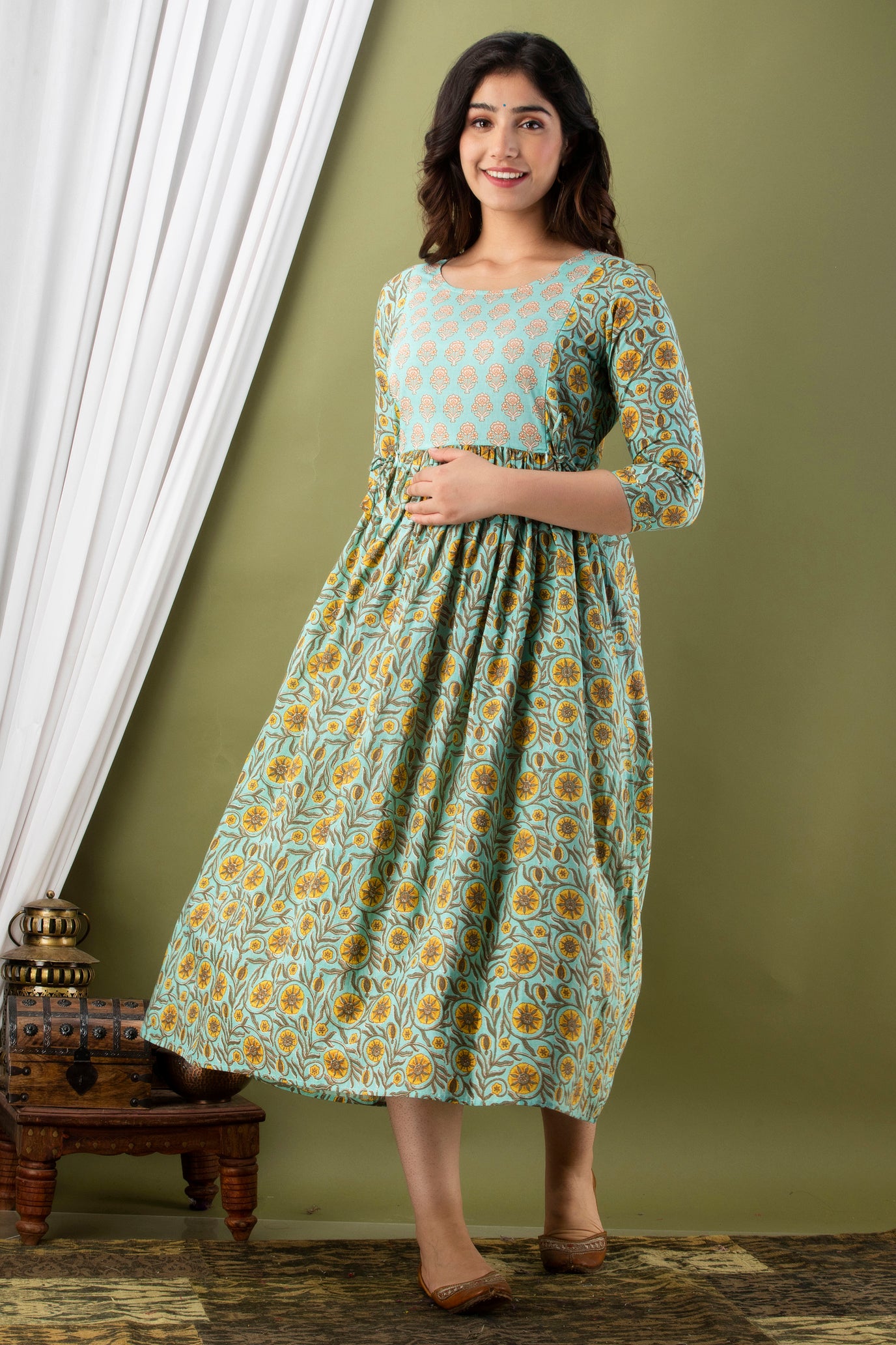 Majestic divas Cotton Aqua Blue Yellow Floral Jaal & Buta Printed Maternity Feeding Kurta Dress with Dual Zippers