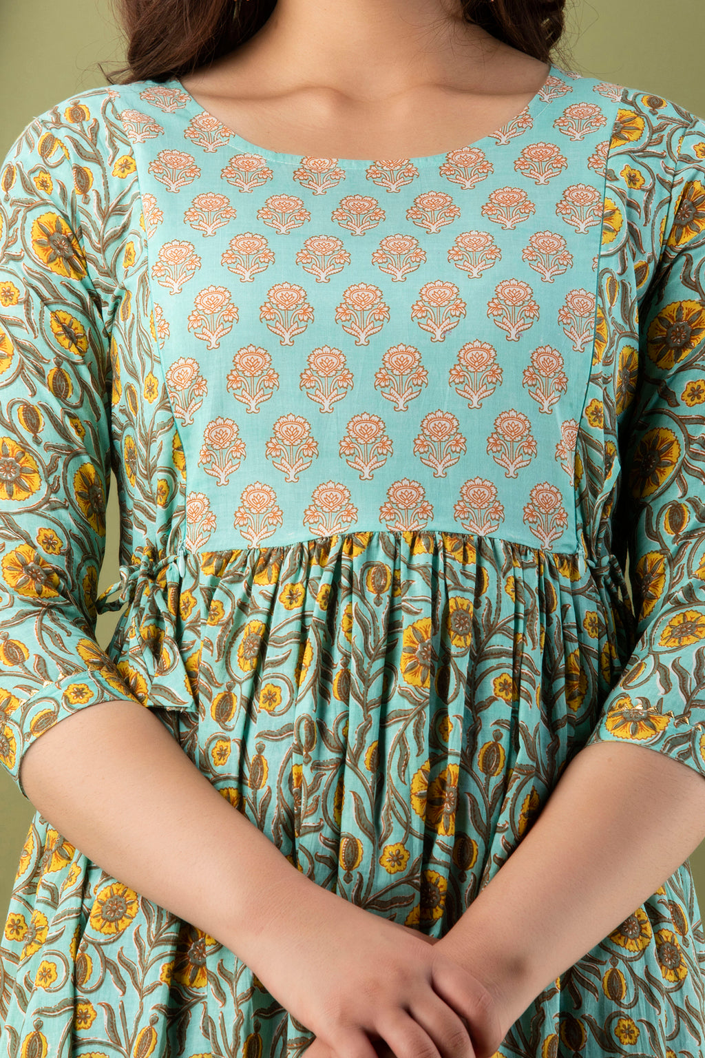 Majestic divas Cotton Aqua Blue Yellow Floral Jaal & Buta Printed Maternity Feeding Kurta Dress with Dual Zippers