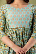 Majestic divas Cotton Aqua Blue Yellow Floral Jaal & Buta Printed Maternity Feeding Kurta Dress with Dual Zippers